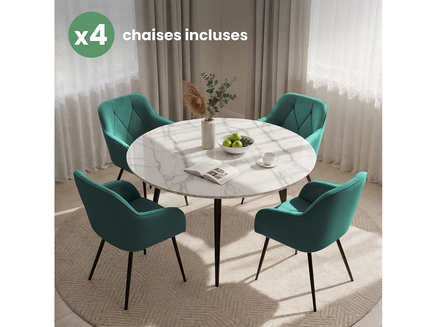 Set van 4 Eetkamerstoelen DIAMANTE met Armleuningen / Gestoffeerde Stoelen / Fluwelen Stoelen en Metalen Poten / Flesgroen met zwarte benen