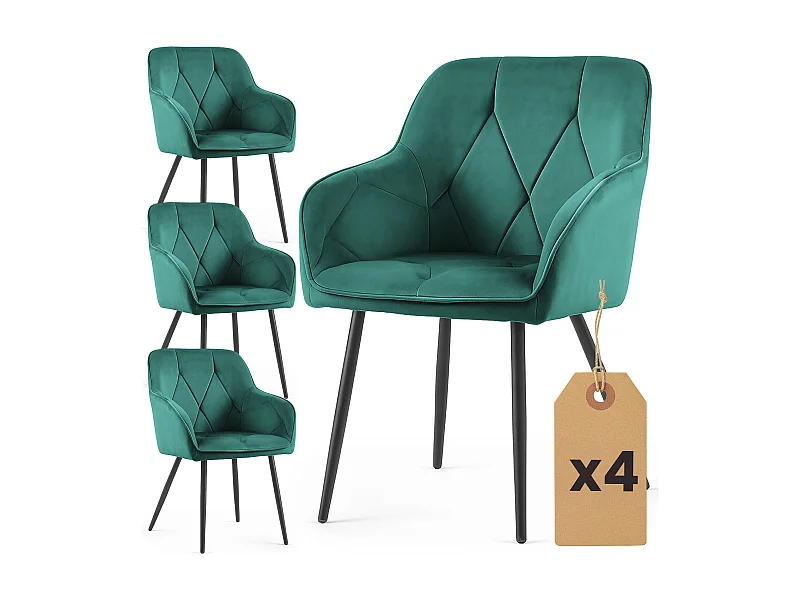 Set di 4 Sedie in velluto trapuntato DIAMANTE Verde Bottiglia gambe nere