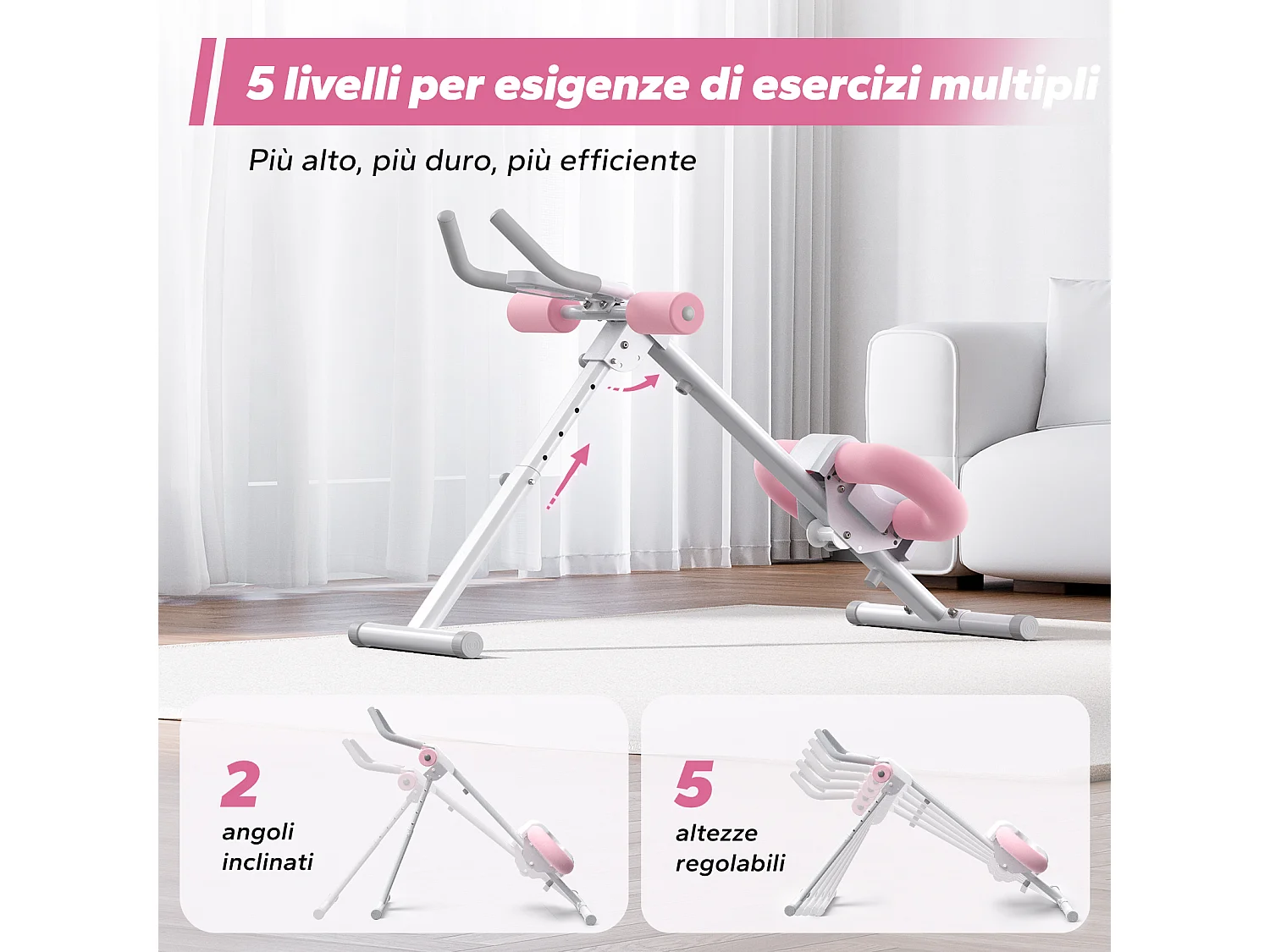 Attrezzo addome & glutei MERACH, 5 livelli, inclinazione regolabile, cuscino a U, manubrio antiscivolo, schermo LCD, carico 200 kg, bianco