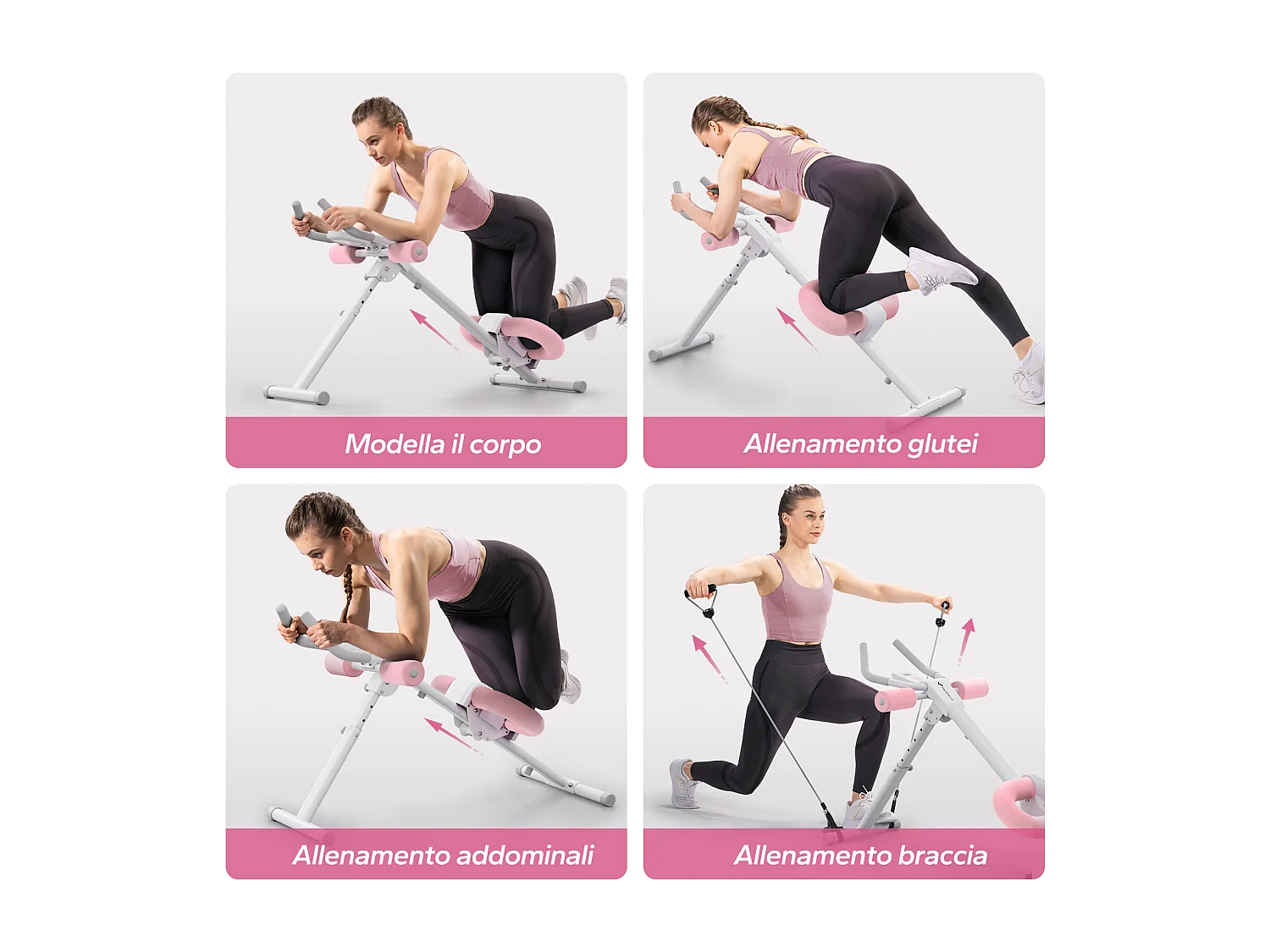 Attrezzo addome & glutei MERACH, 5 livelli, inclinazione regolabile, cuscino a U, manubrio antiscivolo, schermo LCD, carico 200 kg, bianco