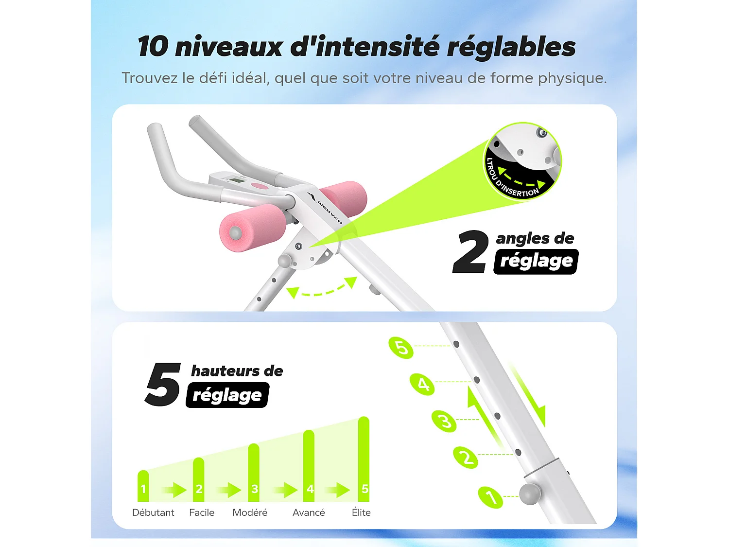 Máquina de abdominais MERACH dobrável para ginásio em casa, rolo multifuncional com apoio para joelhos, banco branco