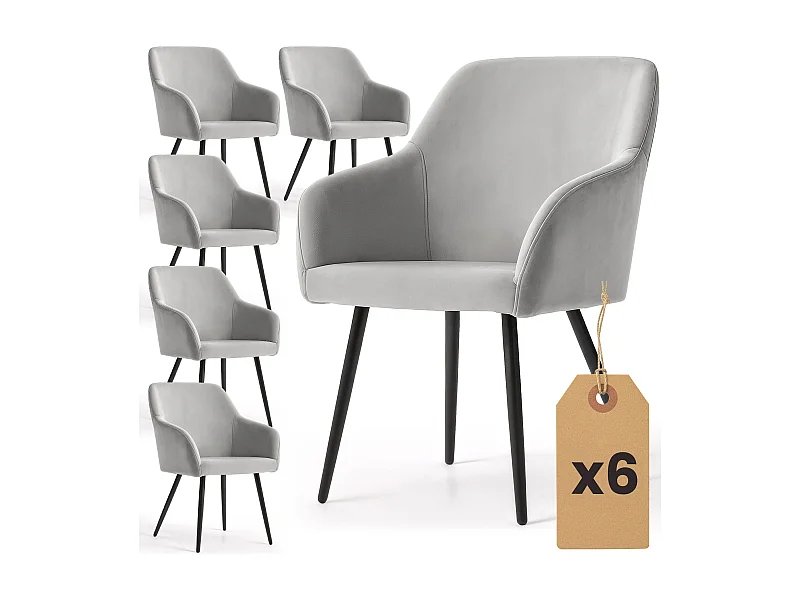 Lot de 6 Chaises en velours lisses ESTELLE Gris pieds noirs