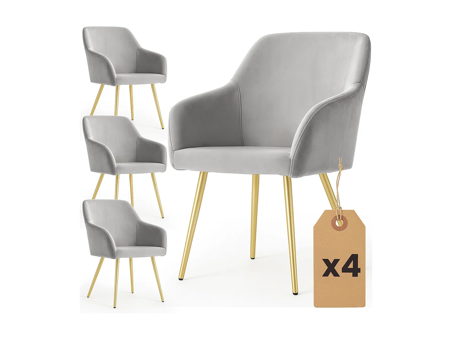 Set di 4 Sedie in velluto liscio ESTELLE Grigio gambe oro