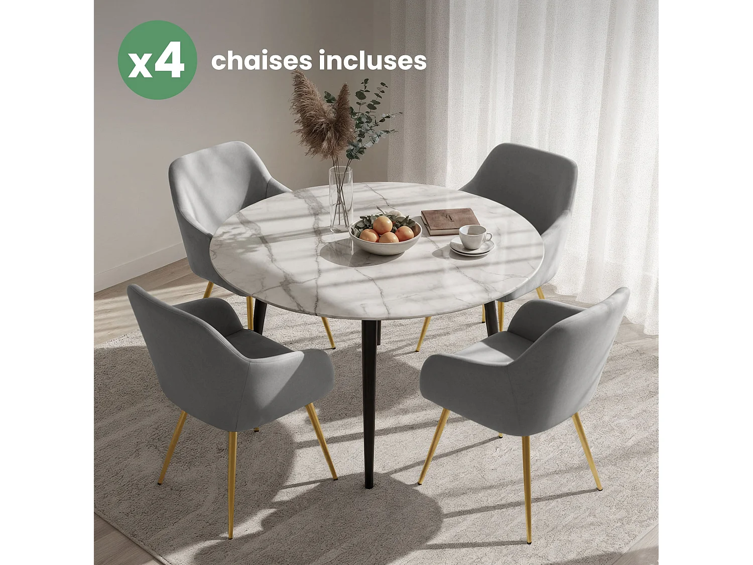 Set di 4 Sedie in velluto liscio ESTELLE Grigio gambe oro