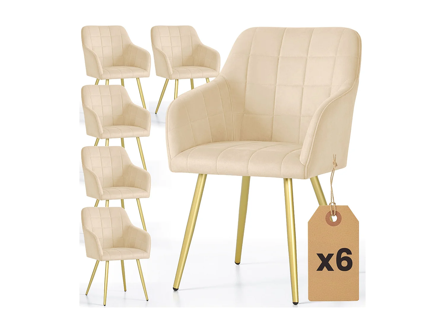 Set di 6 Sedie imbottite con cuciture quadrate LUXANO Beige gambe oro