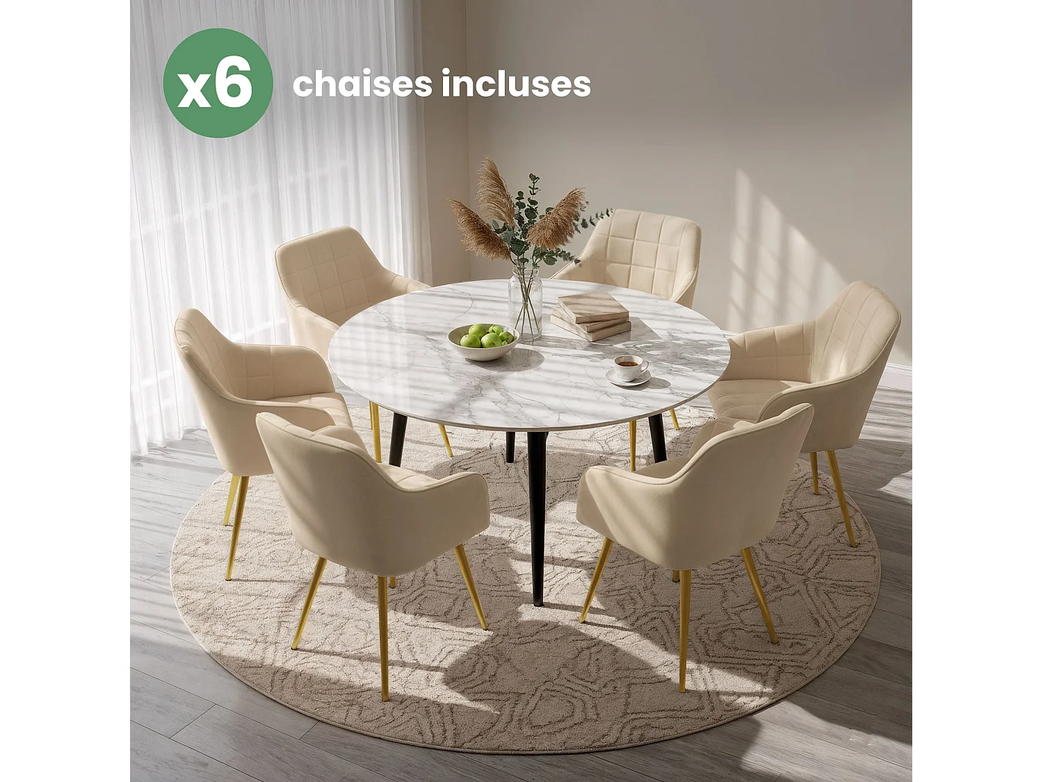 Set di 6 Sedie imbottite con cuciture quadrate LUXANO Beige gambe oro