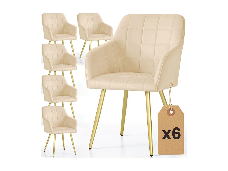Set di 6 Sedie imbottite con cuciture quadrate LUXANO Beige gambe oro
