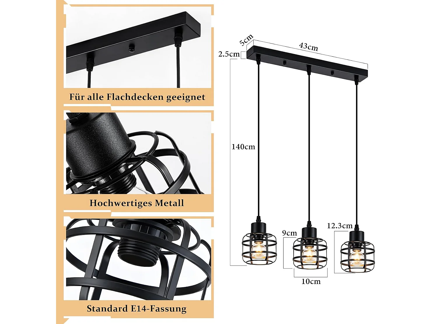 Lampa wisząca Nettlife Vintage z trzema żarówkami – czarny metalowy żyrandol E14 w stylu retro – regulowana wysokość do jadalni i salonu (żarówki nie są dołączone)