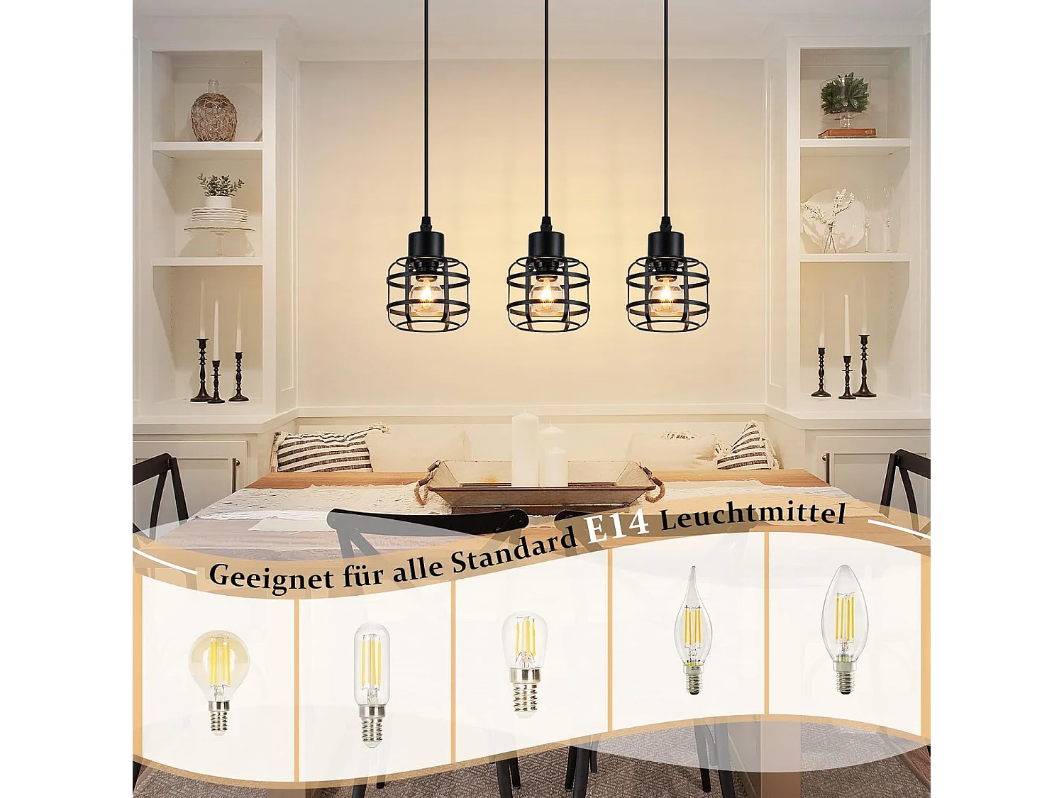 Lampa wisząca Nettlife Vintage z trzema żarówkami – czarny metalowy żyrandol E14 w stylu retro – regulowana wysokość do jadalni i salonu (żarówki nie są dołączone)