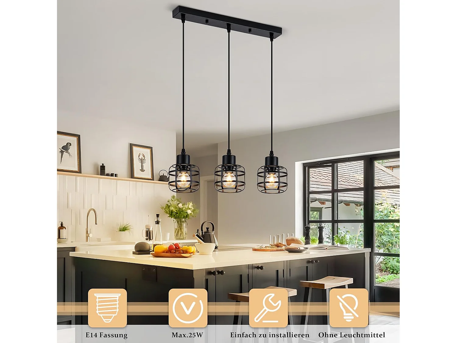 Lampa wisząca Nettlife Vintage z trzema żarówkami – czarny metalowy żyrandol E14 w stylu retro – regulowana wysokość do jadalni i salonu (żarówki nie są dołączone)