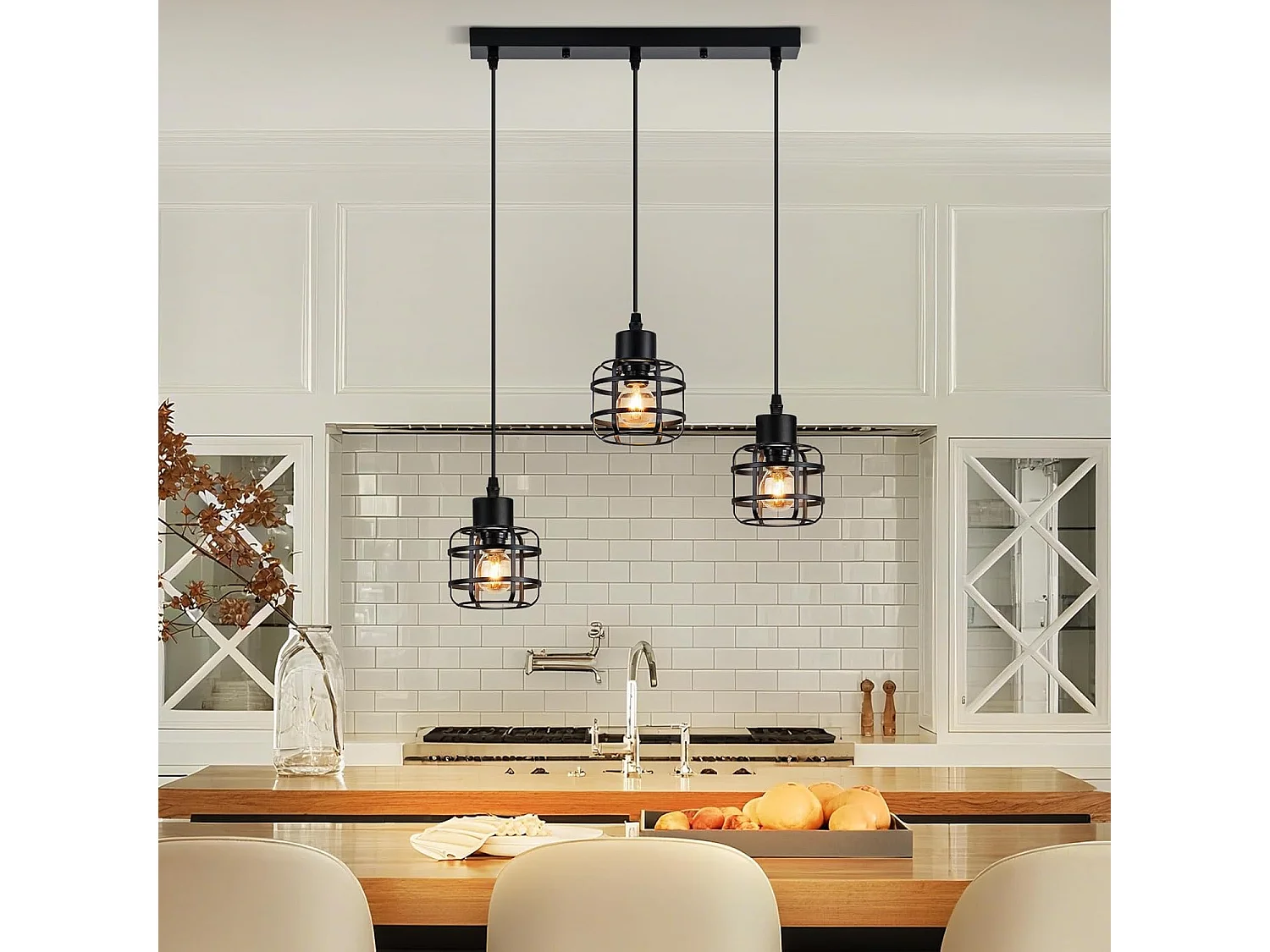 Lampa wisząca Nettlife Vintage z trzema żarówkami – czarny metalowy żyrandol E14 w stylu retro – regulowana wysokość do jadalni i salonu (żarówki nie są dołączone)