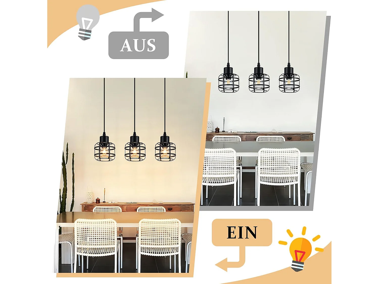 Lampa wisząca Nettlife Vintage z trzema żarówkami – czarny metalowy żyrandol E14 w stylu retro – regulowana wysokość do jadalni i salonu (żarówki nie są dołączone)