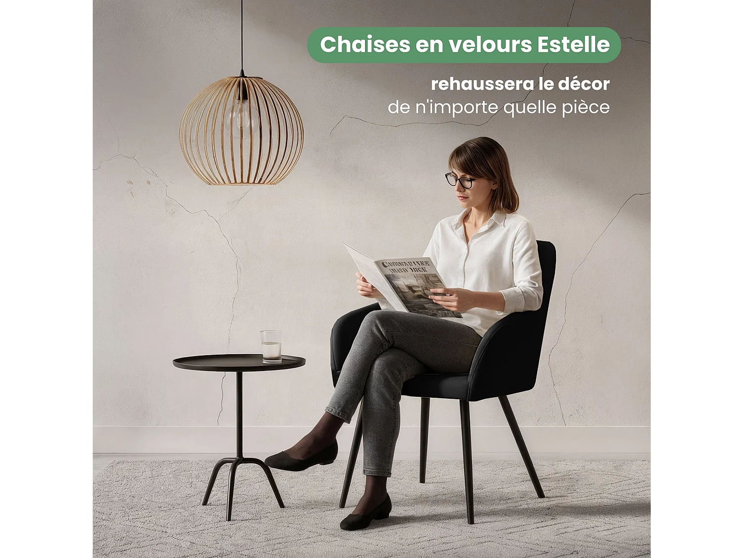 Conjunto de 4 cadeiras de veludo liso ESTELLE Preto com pés pretos