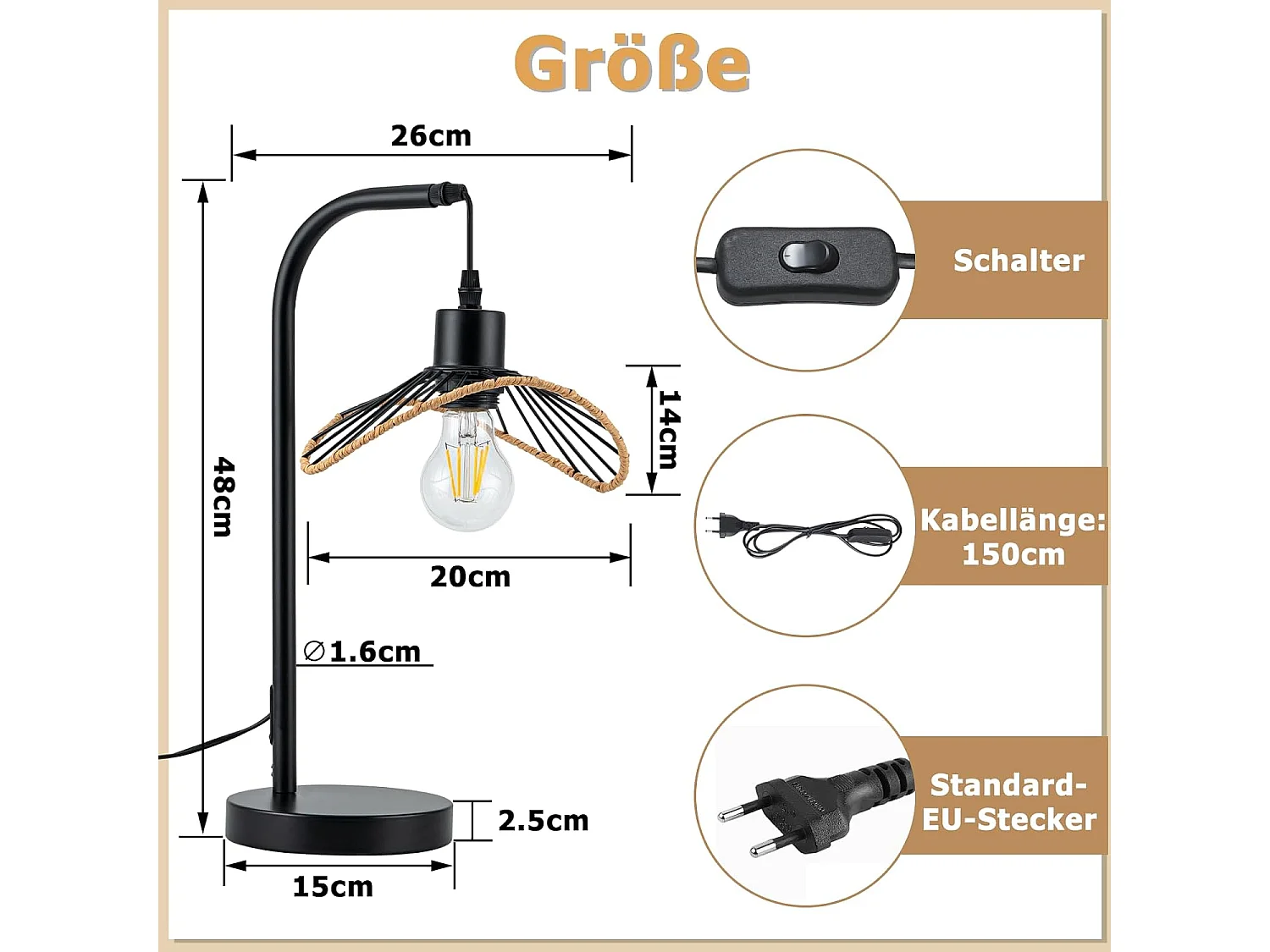 Nettlife Lampe de bureau vintage, lampe de chevet, Lampe à poser, E27 avec câble, lampe de bureau rétro, en métal pour salon, noire (Sans ampoule)