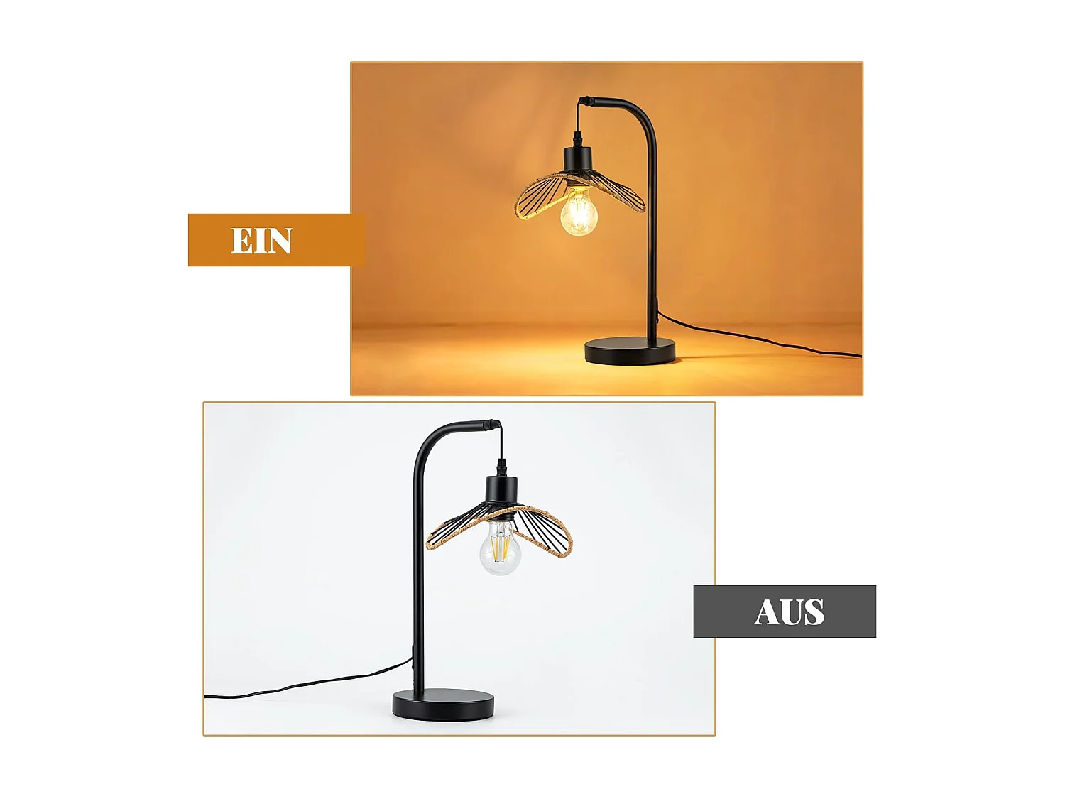 Nettlife Lampe de bureau vintage, lampe de chevet, Lampe à poser, E27 avec câble, lampe de bureau rétro, en métal pour salon, noire (Sans ampoule)