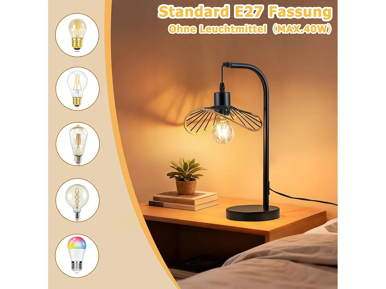 Nettlife Lampe de bureau vintage, lampe de chevet, Lampe à poser, E27 avec câble, lampe de bureau rétro, en métal pour salon, noire (Sans ampoule)