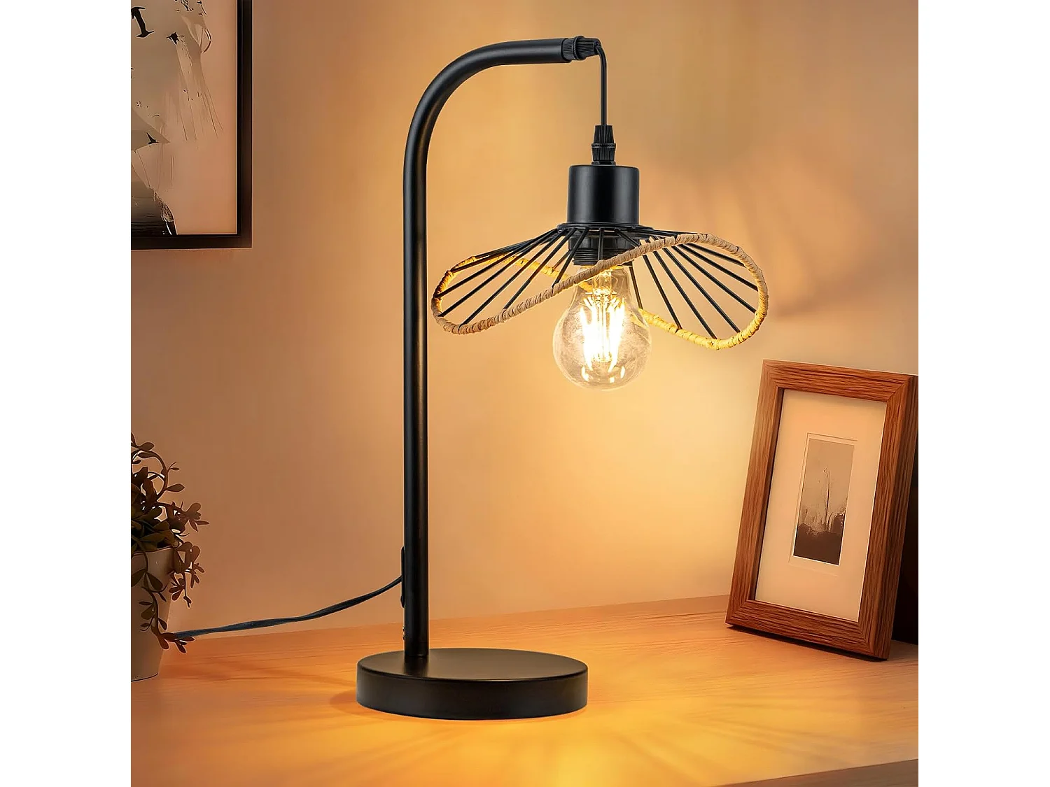 Nettlife Lampe de bureau vintage, lampe de chevet, Lampe à poser, E27 avec câble, lampe de bureau rétro, en métal pour salon, noire (Sans ampoule)