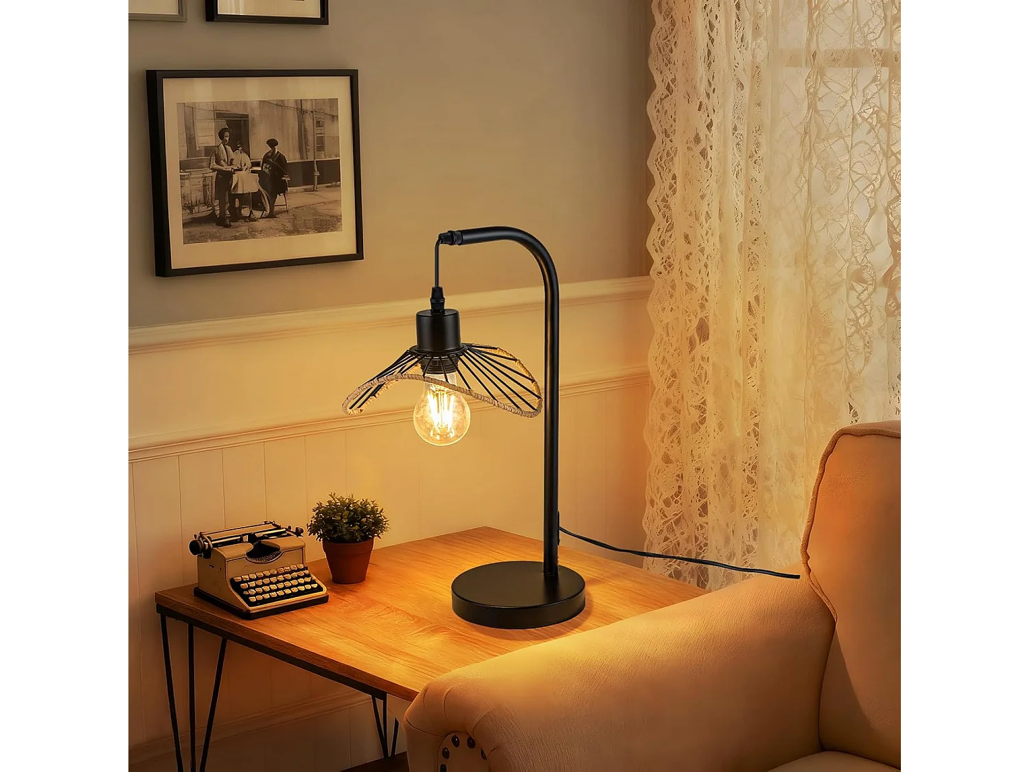 Nettlife Lampe de bureau vintage, lampe de chevet, Lampe à poser, E27 avec câble, lampe de bureau rétro, en métal pour salon, noire (Sans ampoule)