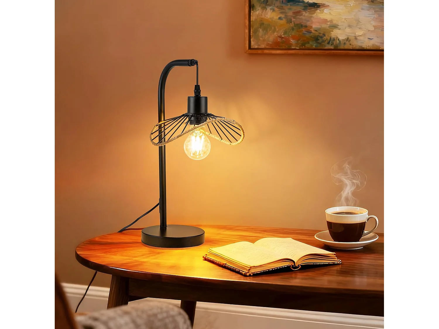 Nettlife Lampe de bureau vintage, lampe de chevet, Lampe à poser, E27 avec câble, lampe de bureau rétro, en métal pour salon, noire (Sans ampoule)