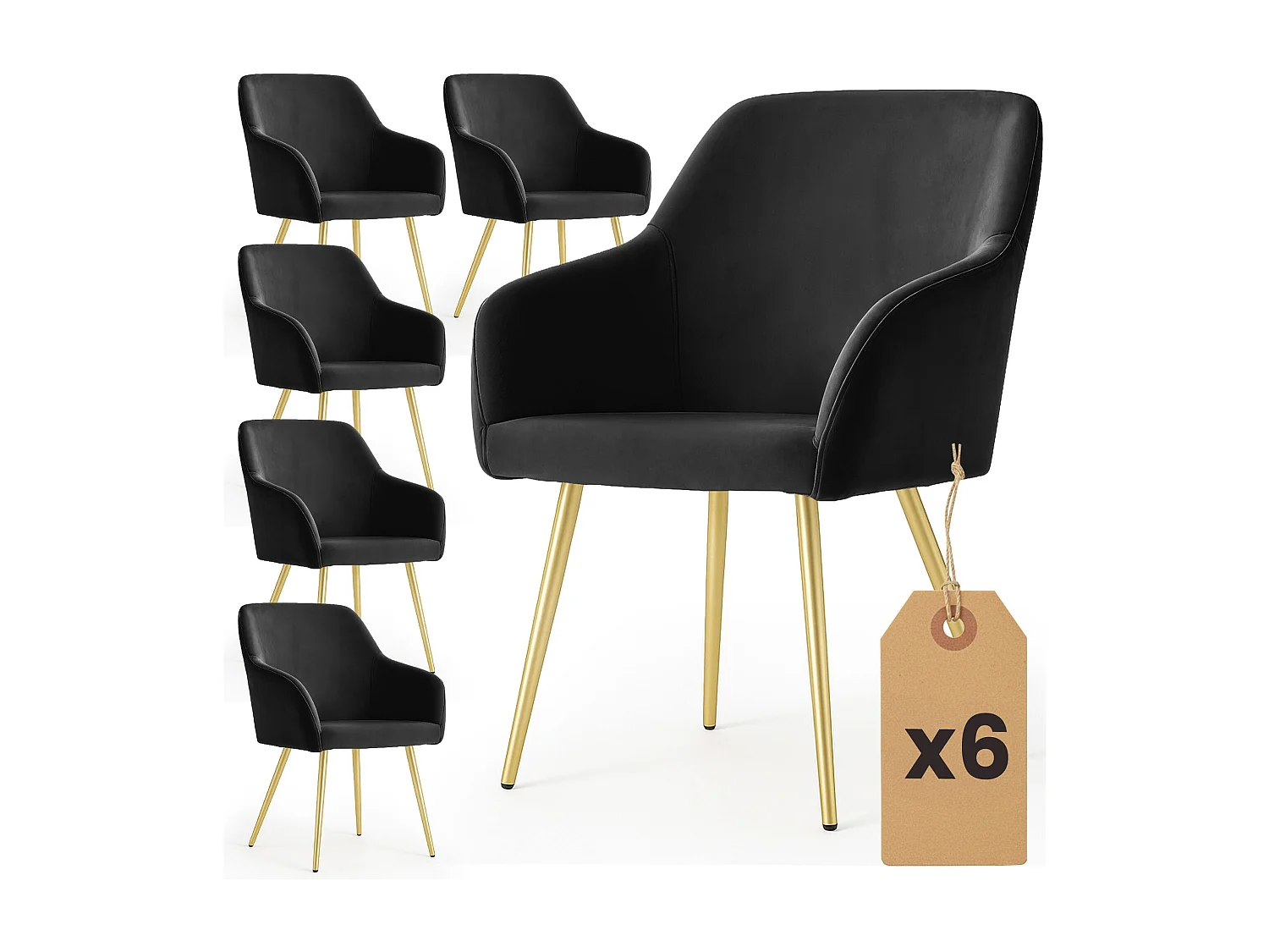 6x Welurowe krzesło tapicerowane gładkie Czarne ESTELLE Złote nogi