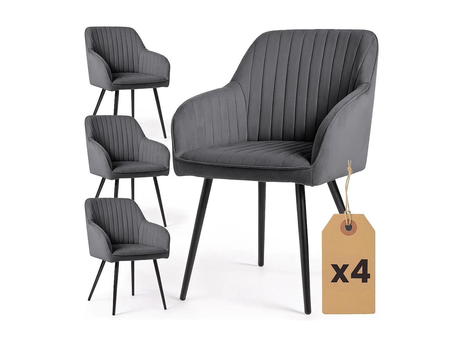 Set di 4 Sedie in velluto con cuciture verticali FLORENCE Grafite gambe nere