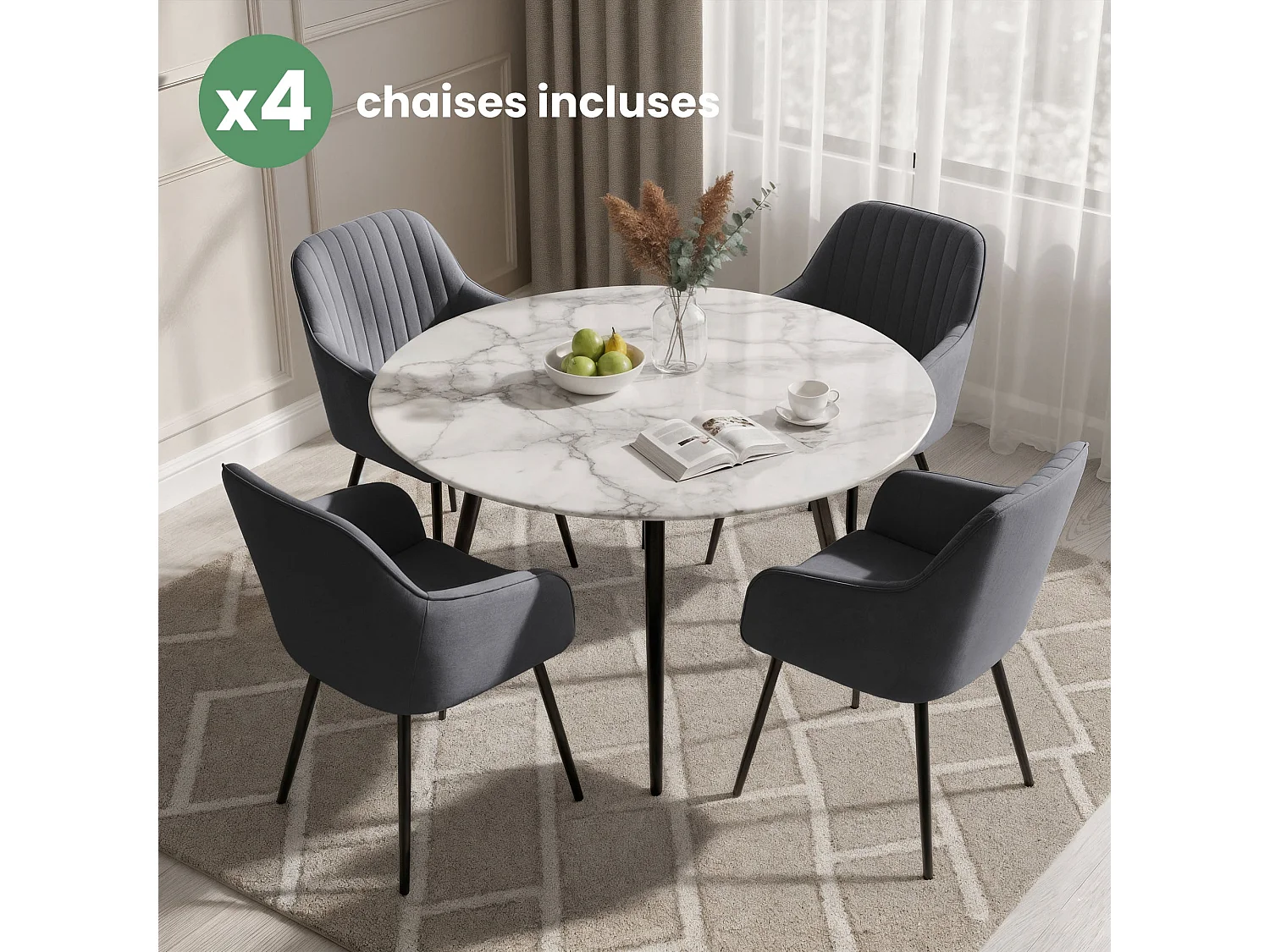 Set di 4 Sedie in velluto con cuciture verticali FLORENCE Grafite gambe nere