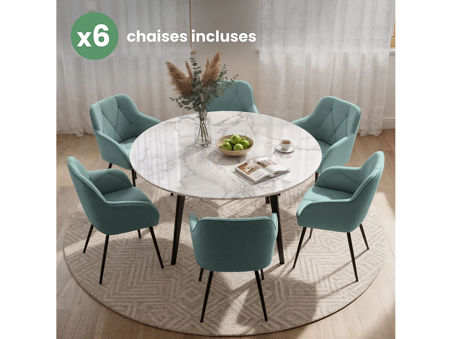 Set van 6 Eetkamerstoelen DIAMANTE met Armleuningen / Gestoffeerde Stoelen / Fluwelen Stoelen en Metalen Poten / Turkooizen kleur met zwarte benen