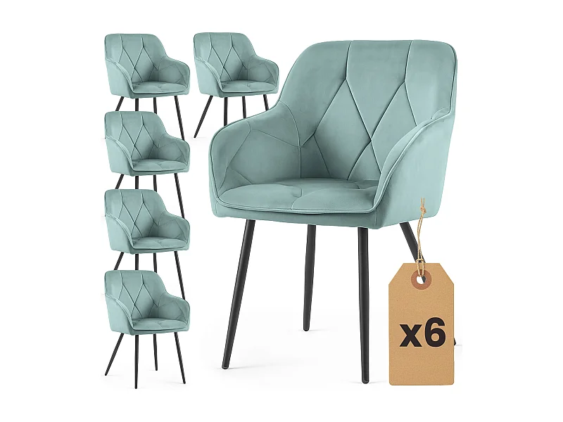 Set van 6 Eetkamerstoelen DIAMANTE met Armleuningen / Gestoffeerde Stoelen / Fluwelen Stoelen en Metalen Poten / Turkooizen kleur met zwarte benen