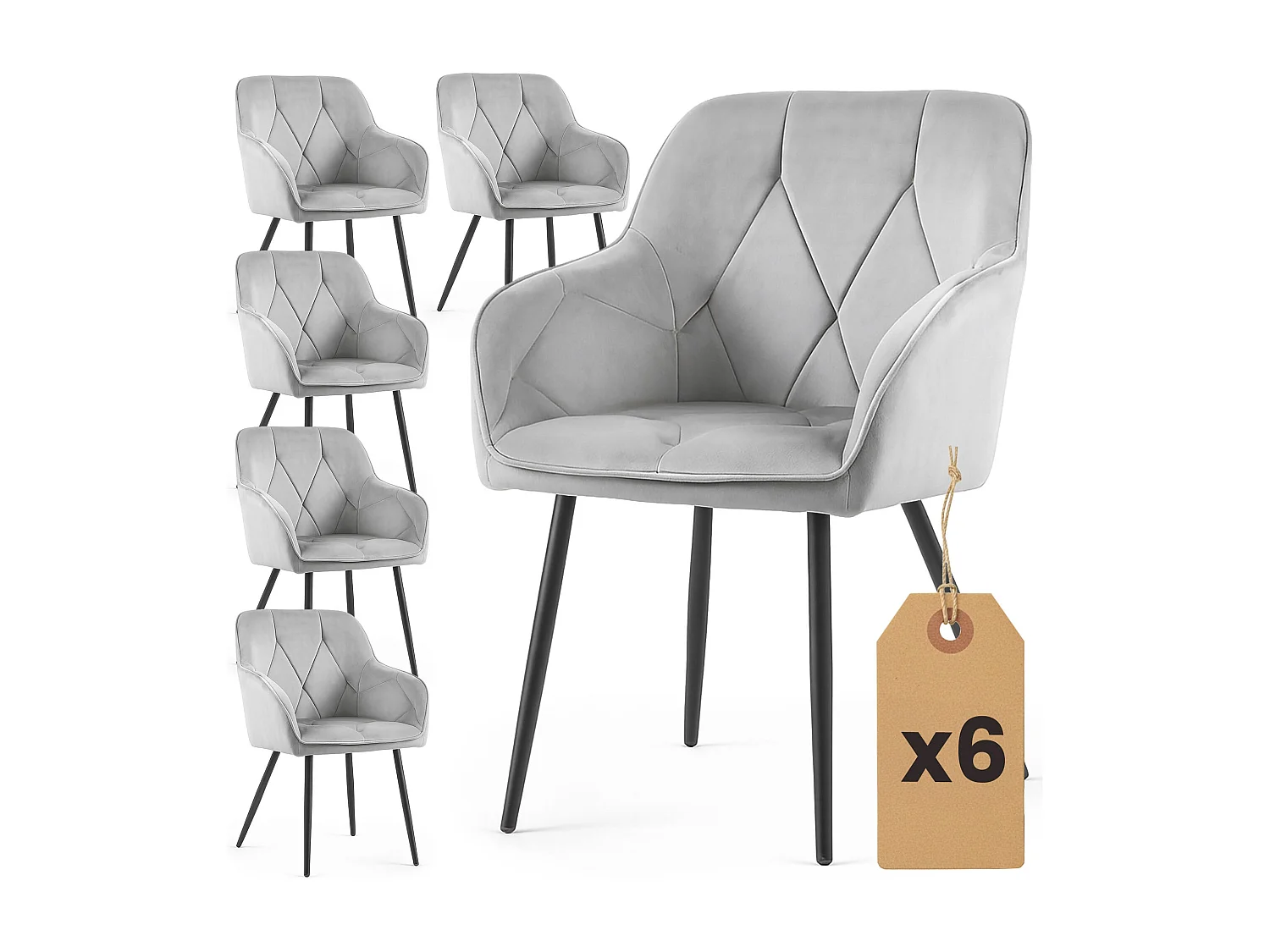 Set van 6 Eetkamerstoelen DIAMANTE met Armleuningen / Gestoffeerde Stoelen / Fluwelen Stoelen en Metalen Poten / Grijs met zwarte benen
