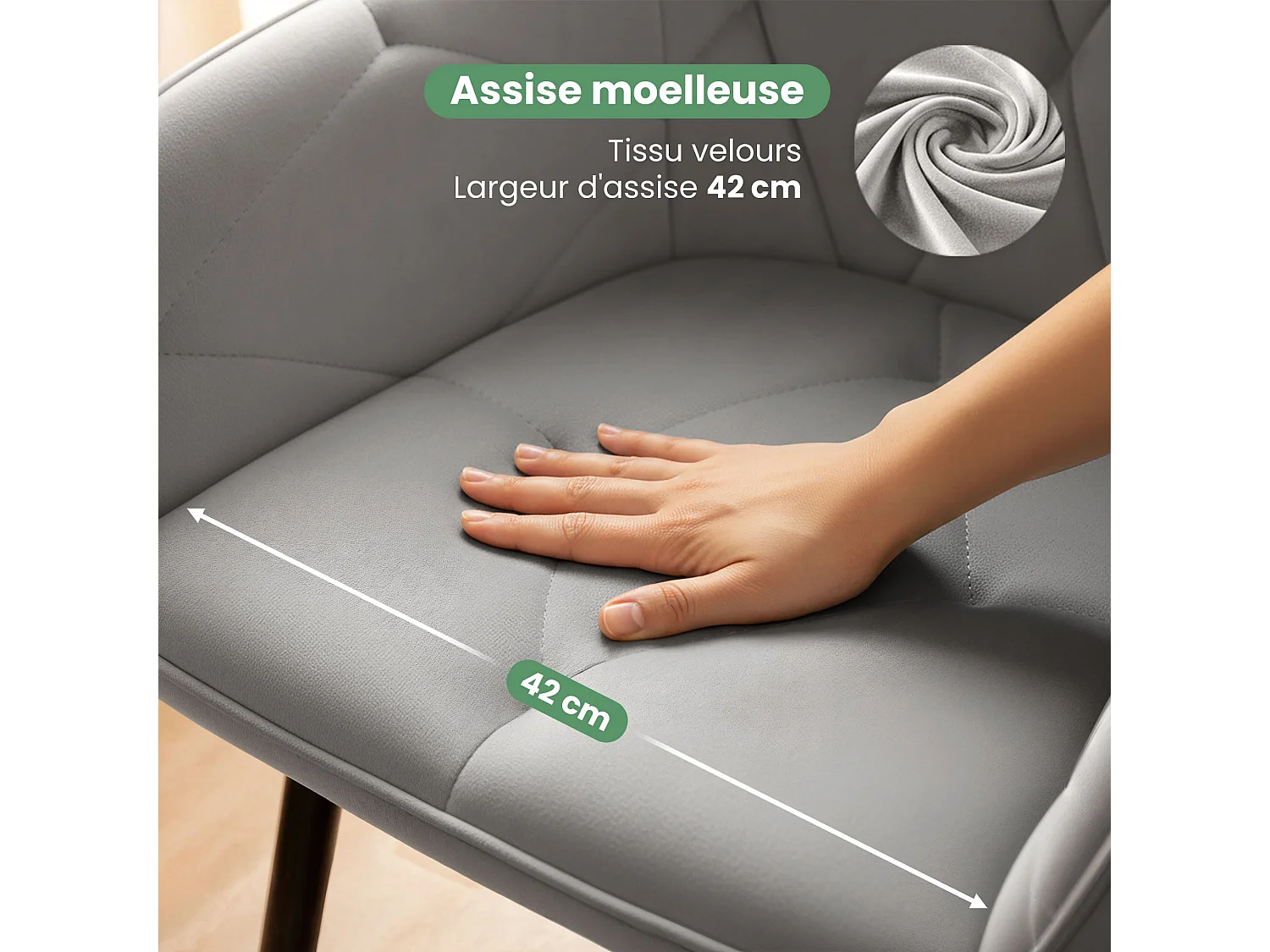 Set van 6 Eetkamerstoelen DIAMANTE met Armleuningen / Gestoffeerde Stoelen / Fluwelen Stoelen en Metalen Poten / Grijs met zwarte benen