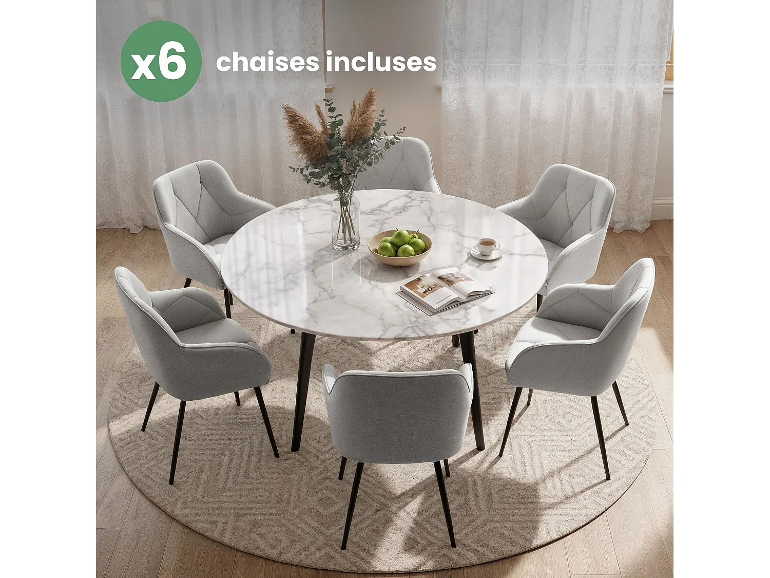 Set van 6 Eetkamerstoelen DIAMANTE met Armleuningen / Gestoffeerde Stoelen / Fluwelen Stoelen en Metalen Poten / Grijs met zwarte benen