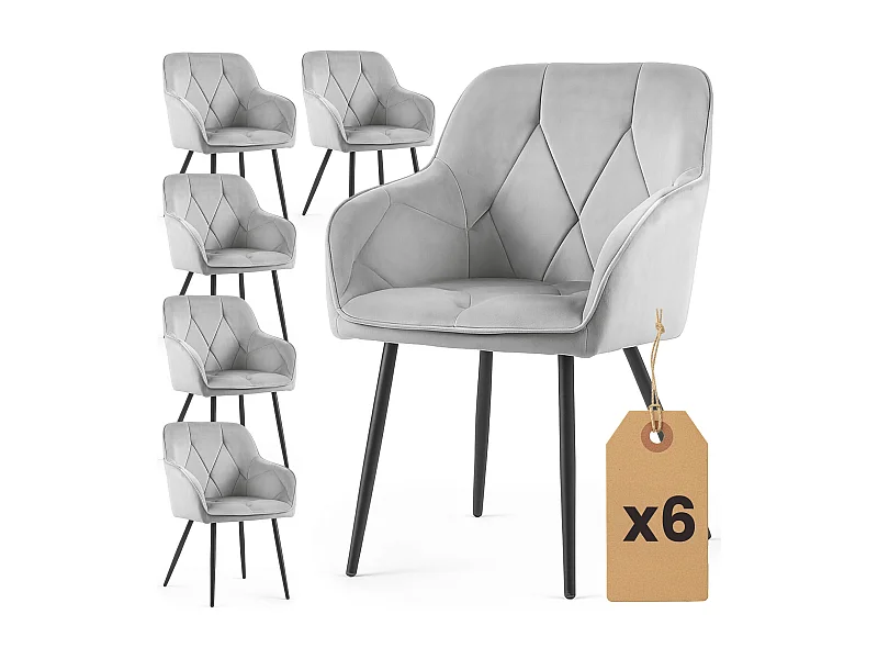 Lot de 6 Chaises en velours matelassées DIAMANTE Gris pieds noirs