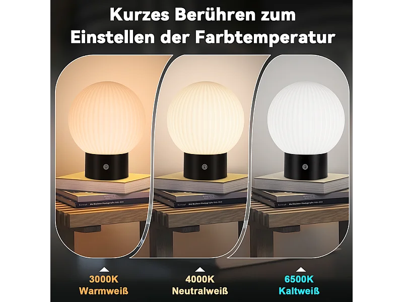 NETTLIFE Lampe de table sans fil rechargeable – Lampe LED tactile USB, dimmable 3000K–6500K, IP44, chevet & salle de bain