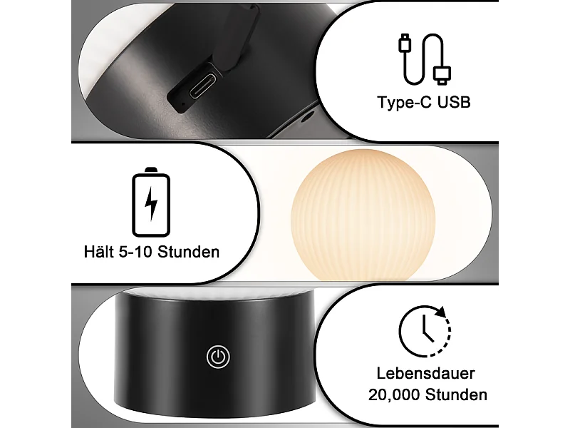 NETTLIFE Lampe de table sans fil rechargeable – Lampe LED tactile USB, dimmable 3000K–6500K, IP44, chevet & salle de bain