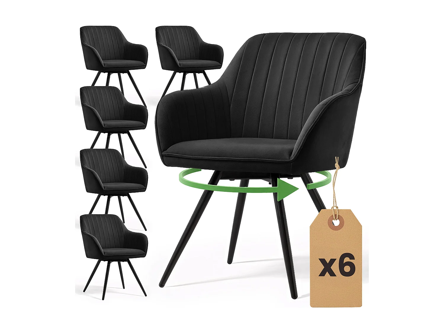 Lot de 6 Chaises pivotantes en velours à surpiqûres TURNO Noir pieds noirs