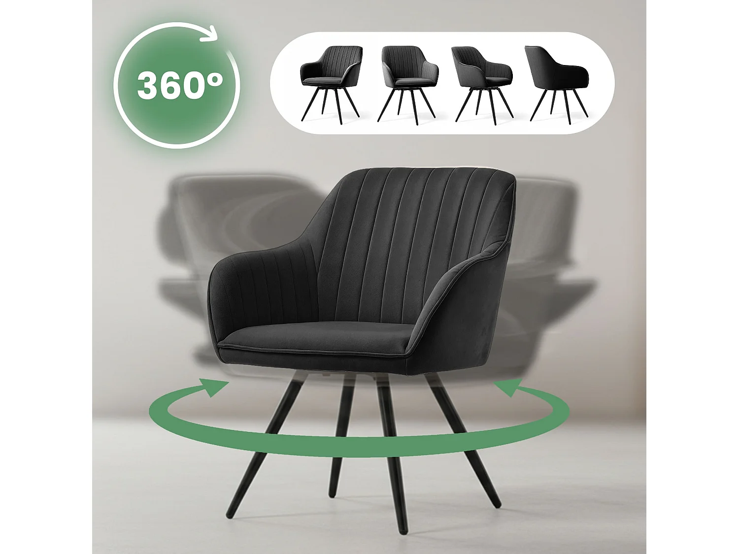 Lot de 6 Chaises pivotantes en velours à surpiqûres TURNO Noir pieds noirs
