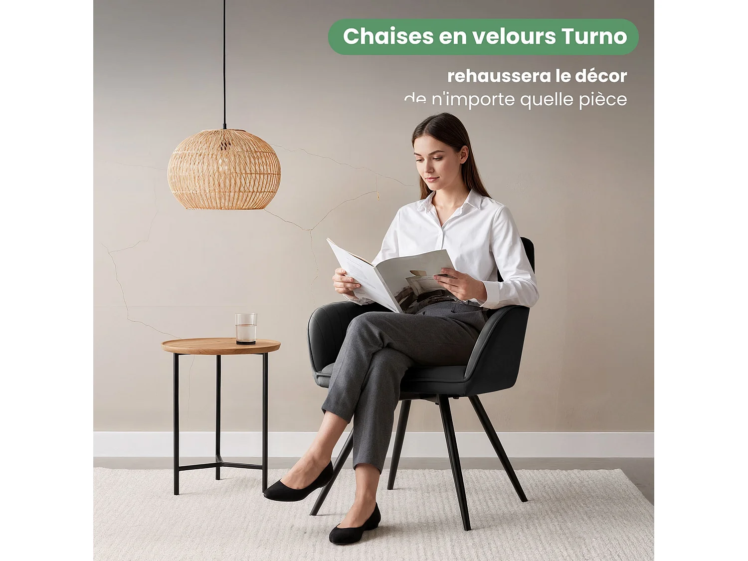 Lot de 6 Chaises pivotantes en velours à surpiqûres TURNO Noir pieds noirs