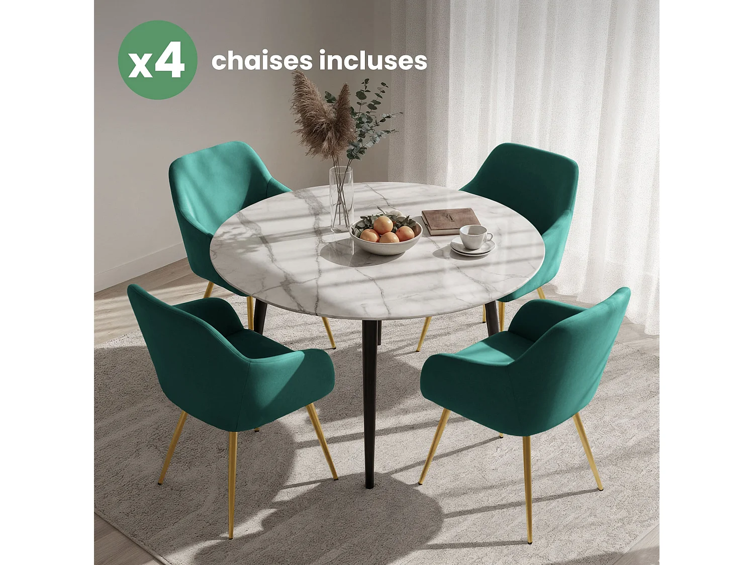 Set di 4 Sedie in velluto liscio ESTELLE Verde Bottiglia gambe oro