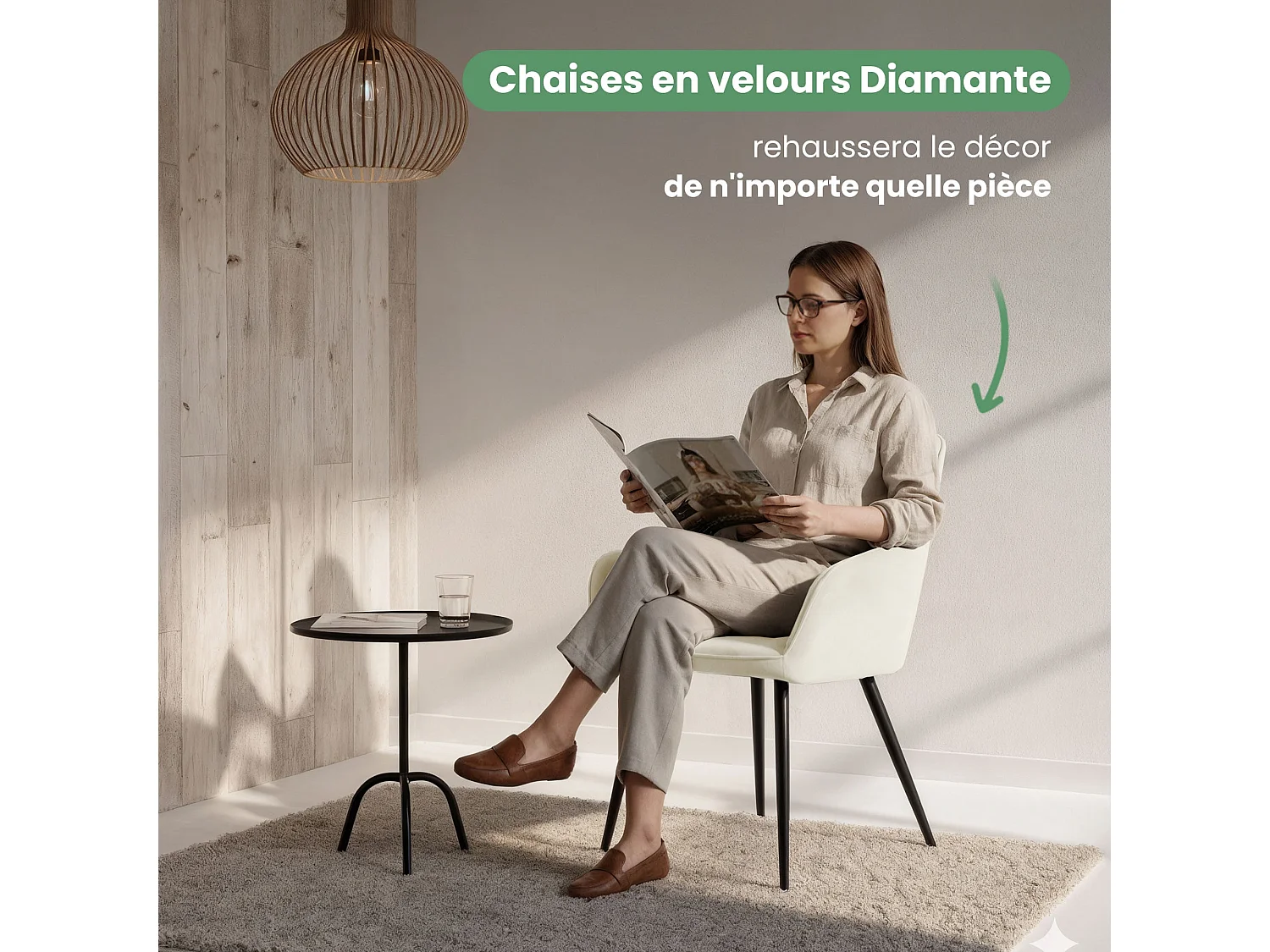 Set van 4 Eetkamerstoelen DIAMANTE met Armleuningen / Gestoffeerde Stoelen / Fluwelen Stoelen en Metalen Poten / Crème kleur met zwarte benen