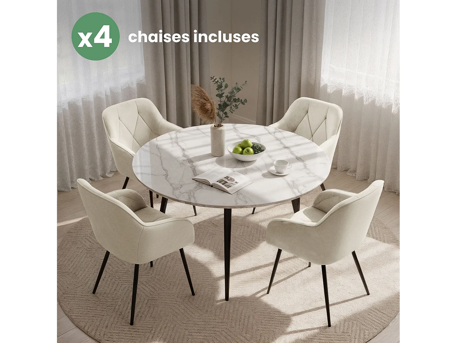 Set van 4 Eetkamerstoelen DIAMANTE met Armleuningen / Gestoffeerde Stoelen / Fluwelen Stoelen en Metalen Poten / Crème kleur met zwarte benen