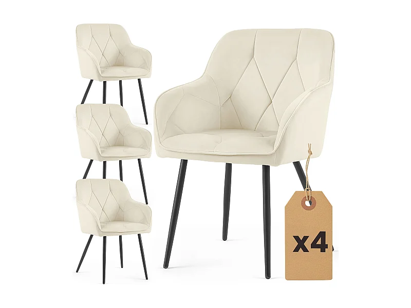 Set van 4 Eetkamerstoelen DIAMANTE met Armleuningen / Gestoffeerde Stoelen / Fluwelen Stoelen en Metalen Poten / Crème kleur met zwarte benen