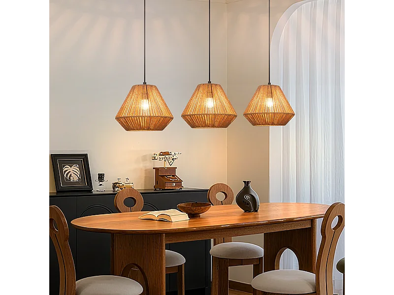 Nettlife Boho Rotan Hanglamp voor Eettafel - 3 E27 Lampen, Verstelbare Hoogte, Retro Stijl, Woonkamer/Slaapkamer (Lampen Niet Inbegrepen)