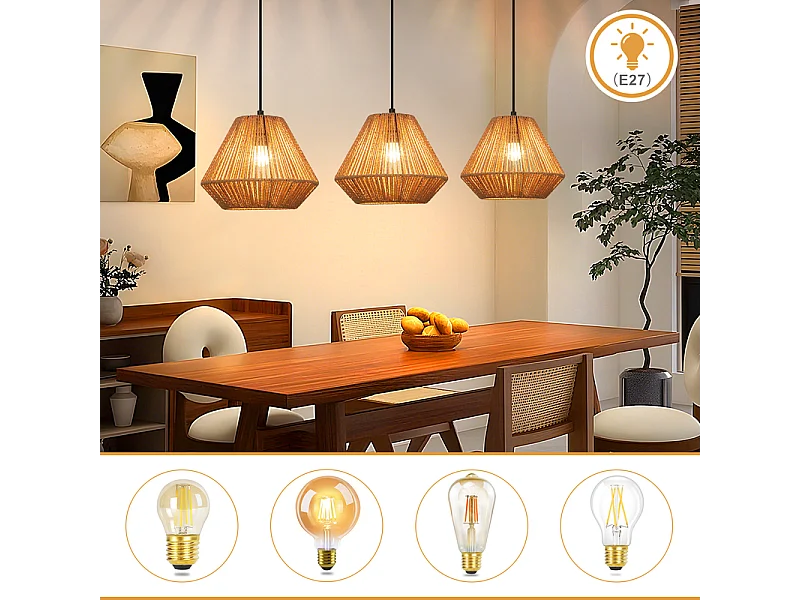 Nettlife Boho Rotan Hanglamp voor Eettafel - 3 E27 Lampen, Verstelbare Hoogte, Retro Stijl, Woonkamer/Slaapkamer (Lampen Niet Inbegrepen)
