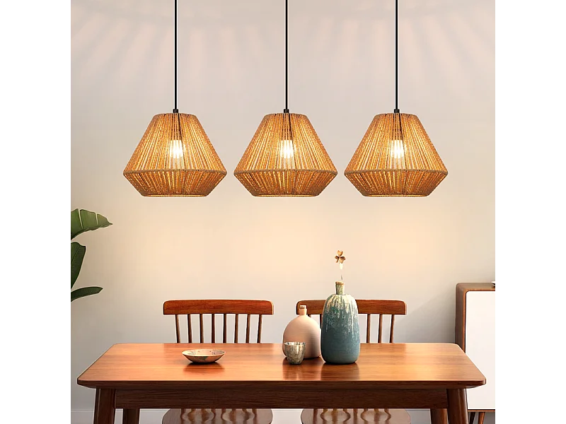 Nettlife Suspension Boho Rotin Table à Manger - Lampe 3 Lumières E27, Hauteur Réglable, Style Rétro, Salon Chambre (Sans Ampoule)