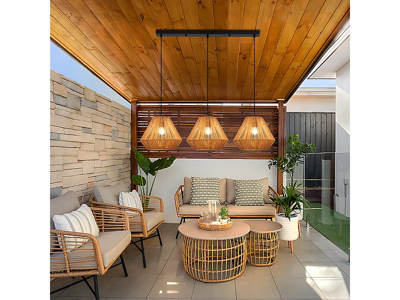 Nettlife Suspension Boho Rotin Table à Manger - Lampe 3 Lumières E27, Hauteur Réglable, Style Rétro, Salon Chambre (Sans Ampoule)