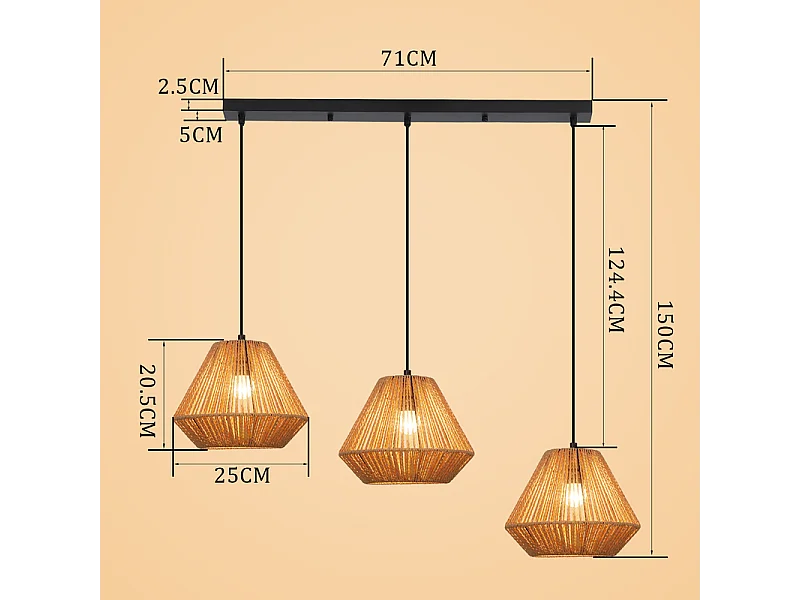 Nettlife Suspension Boho Rotin Table à Manger - Lampe 3 Lumières E27, Hauteur Réglable, Style Rétro, Salon Chambre (Sans Ampoule)
