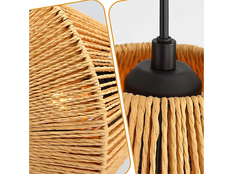 Nettlife Suspension Boho Rotin Table à Manger - Lampe 3 Lumières E27, Hauteur Réglable, Style Rétro, Salon Chambre (Sans Ampoule)