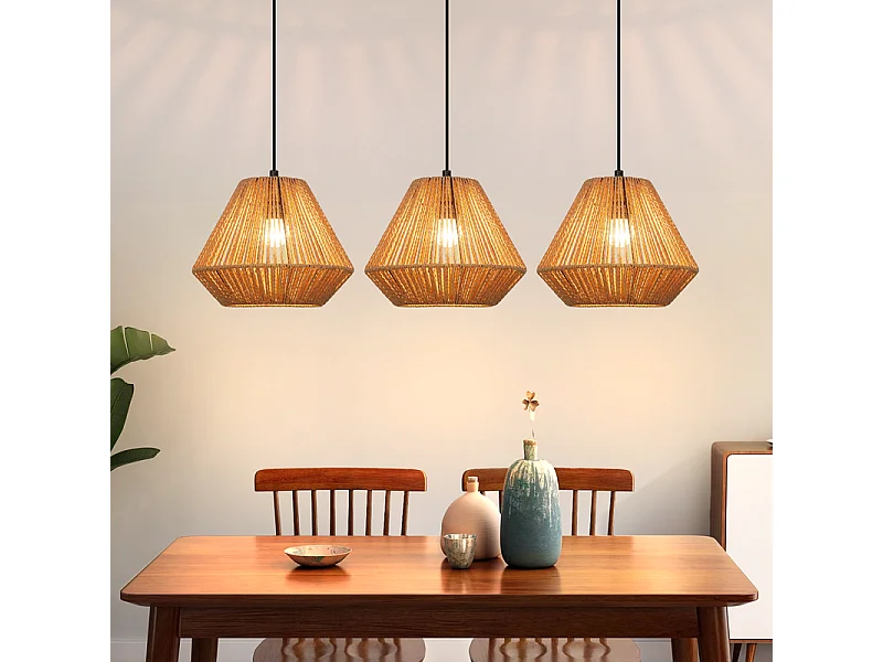 Nettlife Suspension Boho Rotin Table à Manger - Lampe 3 Lumières E27, Hauteur Réglable, Style Rétro, Salon Chambre (Sans Ampoule)