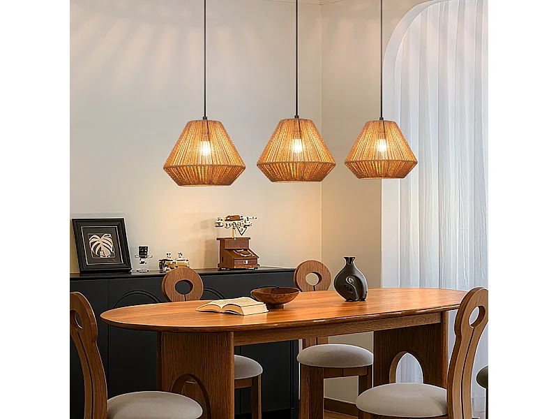 Nettlife Suspension Boho Rotin Table à Manger - Lampe 3 Lumières E27, Hauteur Réglable, Style Rétro, Salon Chambre (Sans Ampoule)