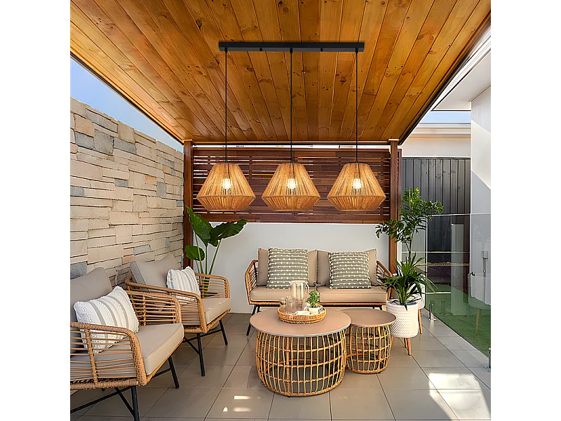 Nettlife Suspension Boho Rotin Table à Manger - Lampe 3 Lumières E27, Hauteur Réglable, Style Rétro, Salon Chambre (Sans Ampoule)